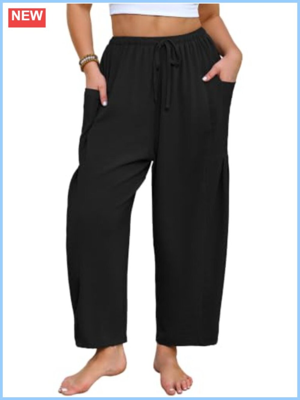 Plus Size Wide Leg Palazzo Pants with Pockets Elastic Drawstring Ankle Length